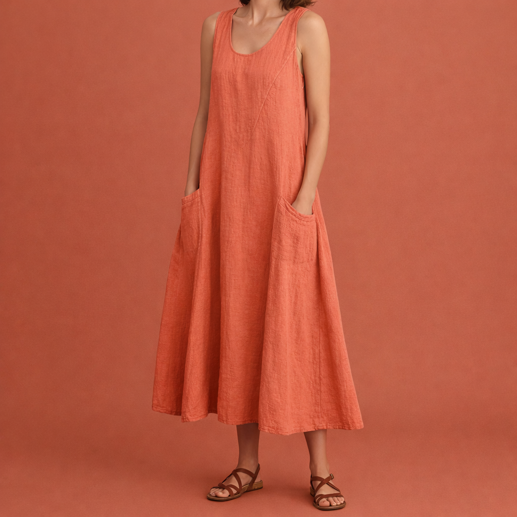 Dames maxi zomerjurk in oranje met minimalistisch design, zacht en comfortabel voor casual en stijlvolle outfits.