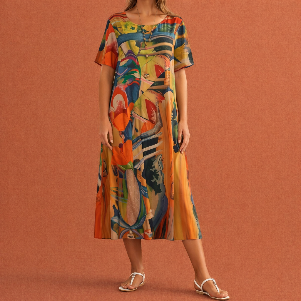 Dames midi zomerjurk in oranje met minimalistisch design, zacht en comfortabel voor casual en stijlvolle outfits.