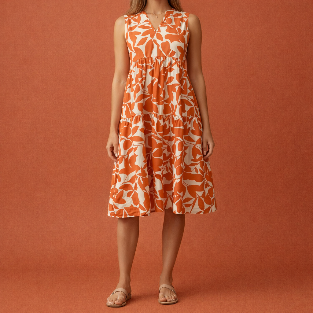 Dames midi zomerjurk in oranje met minimalistisch design, zacht en comfortabel voor casual en stijlvolle outfits.