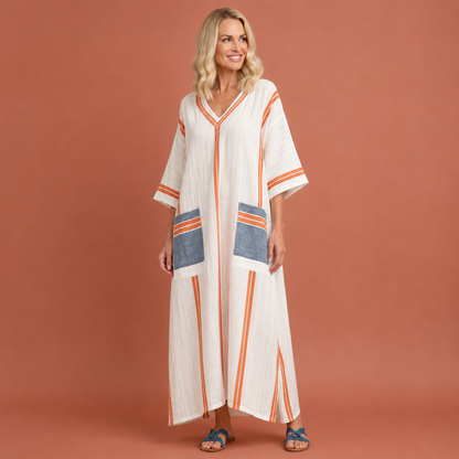 Dames strand maxi jurk in oranje met minimalistisch design, zacht en comfortabel voor casual en stijlvolle outfits.
