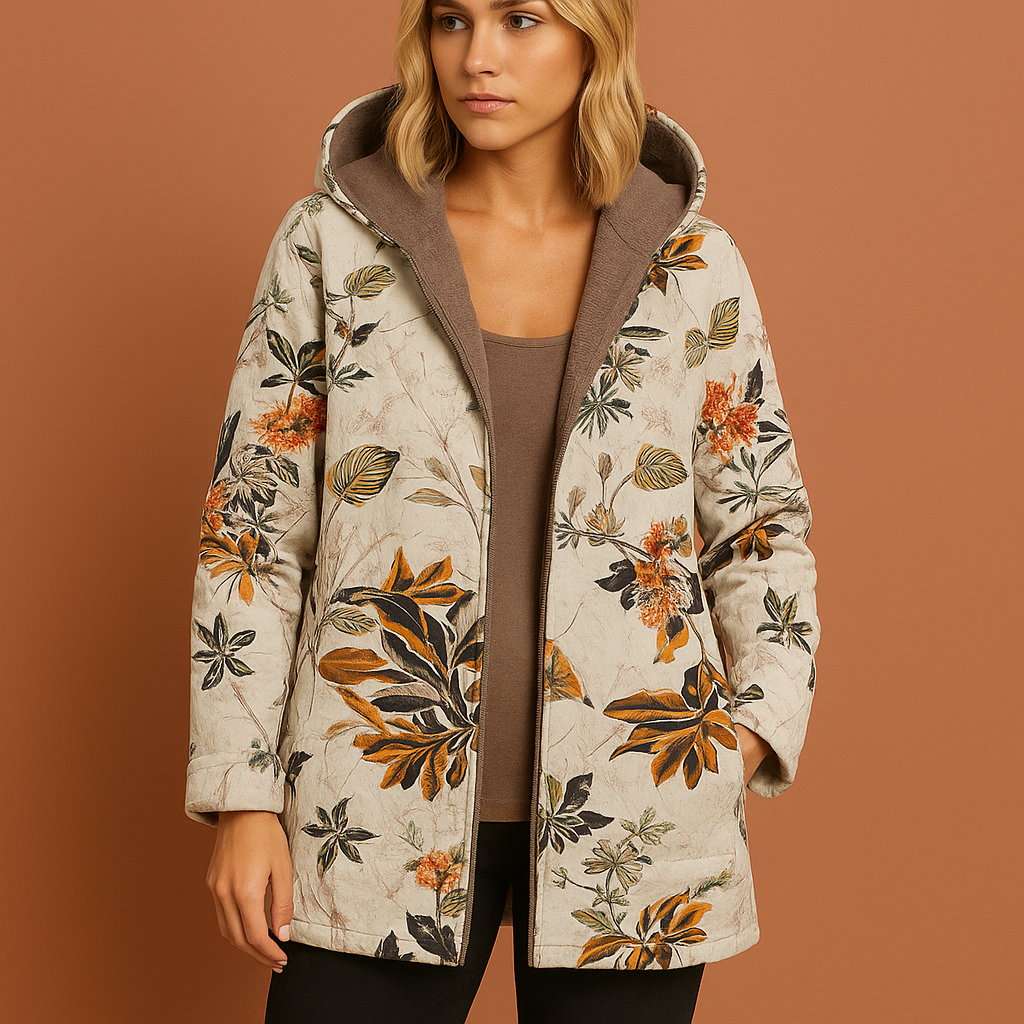 Dames tussenjas in oranje met bloemenprint en zakken, zacht en comfortabel voor casual en stijlvolle outfits.