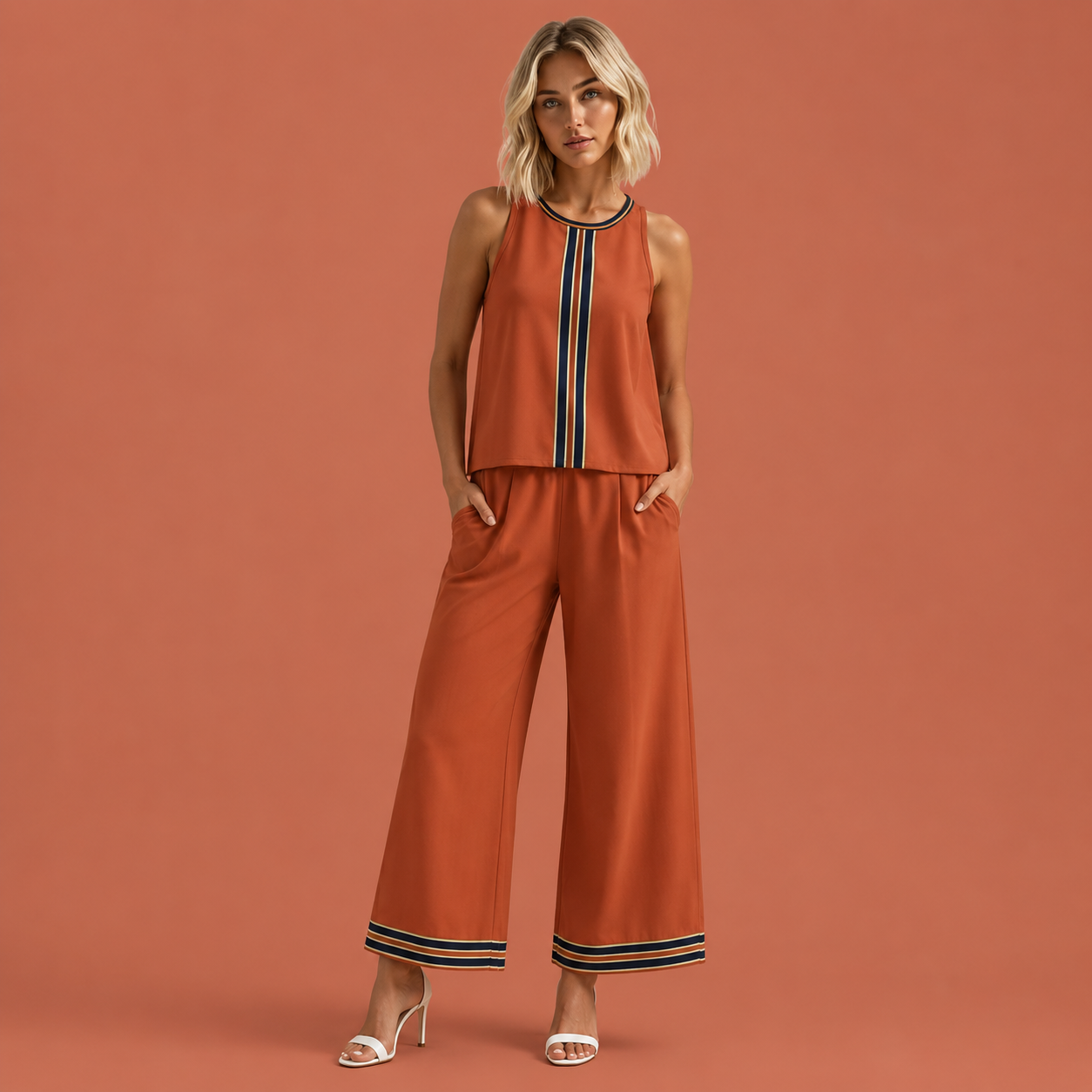 Dames zomer set in oranje met minimalistisch design, zacht en comfortabel voor casual en stijlvolle outfits.