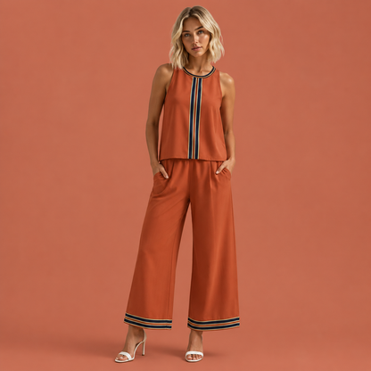 Dames zomer set in oranje met minimalistisch design, zacht en comfortabel voor casual en stijlvolle outfits.