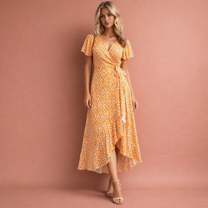 Oranje gebloemde wikkeljurk voor dames met V-hals en ruffles, perfect voor zomerse dagen en elegante gelegenheden.