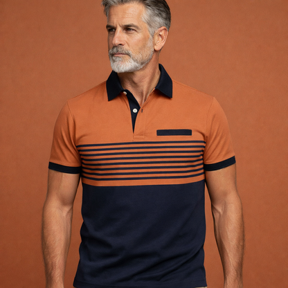 Heren polo in oranje met streepdesign, zacht en comfortabel voor casual en stijlvolle outfits.
