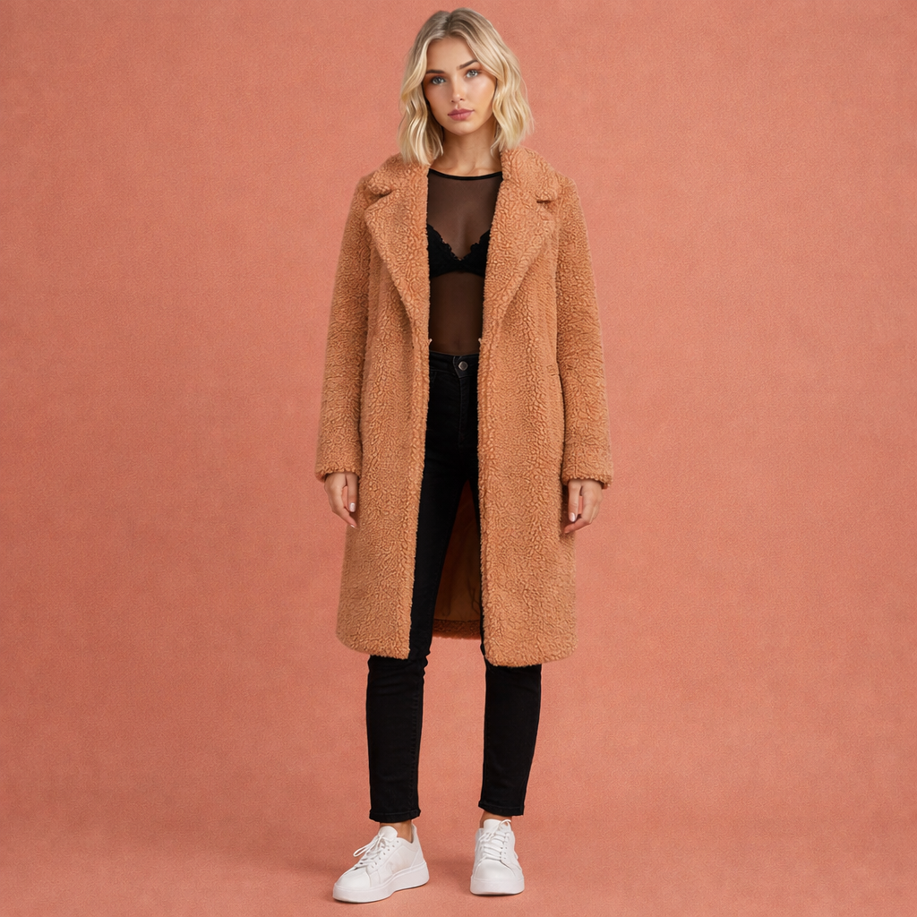 Oranje dames lange jas met brede revers en comfortabele pasvorm, ideaal voor dagelijks gebruik en stijlvolle outfits.1