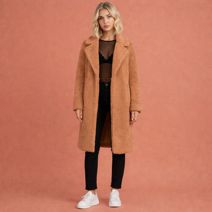 Oranje dames lange jas met brede revers en comfortabele pasvorm, ideaal voor dagelijks gebruik en stijlvolle outfits.1