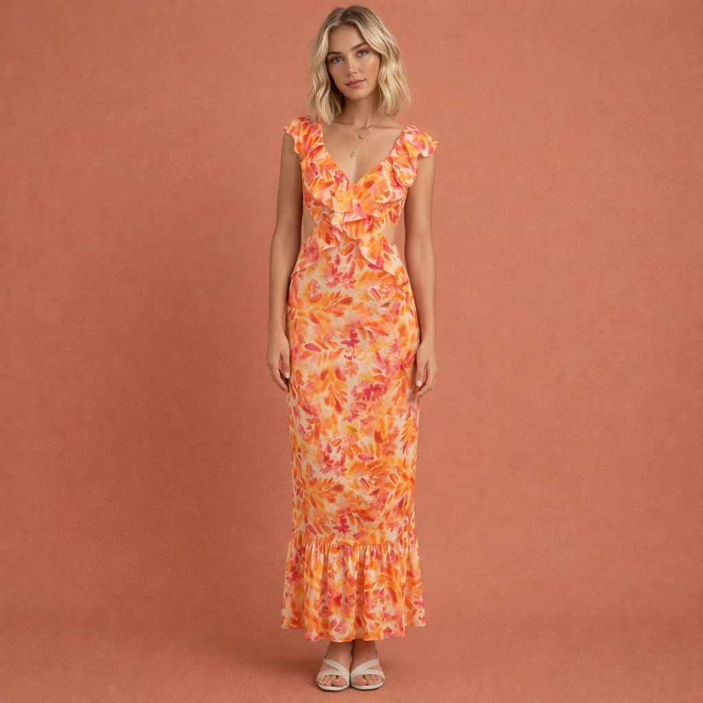 Oranje maxi-jurk voor dames met ruches en bloemenpatroon, perfect voor zomerse dagen en casual gelegenheden.