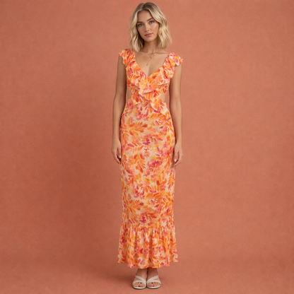 Oranje maxi-jurk voor dames met ruches en bloemenpatroon, perfect voor zomerse dagen en casual gelegenheden.