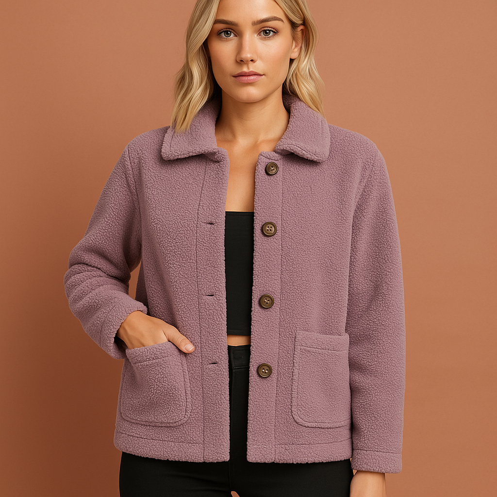 Paars warm jasje voor dames met moderne snit, comfortabel en elegant voor herfst- en winterdagen.