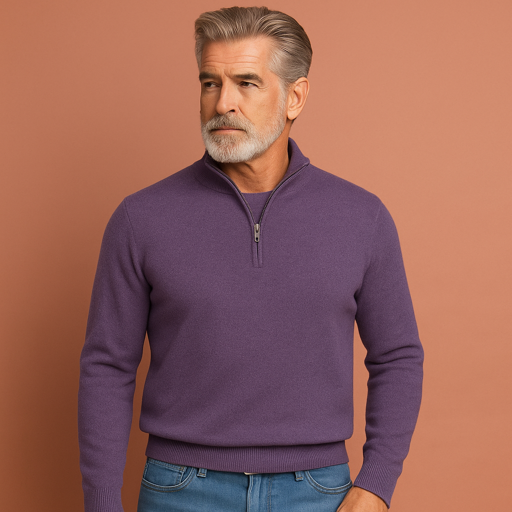 Paarse heren trui met V-hals en ritssluiting, stijlvol en comfortabel voor werk en vrije tijd.