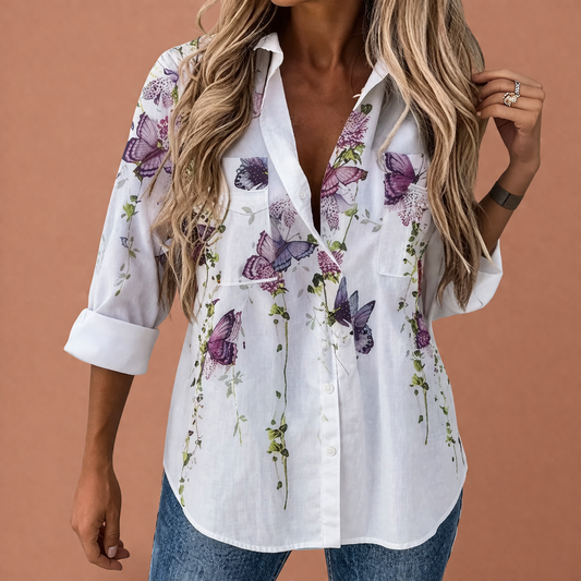 Dames blouse in paars met minimalistisch design, zacht en comfortabel voor casual en stijlvolle outfits.
