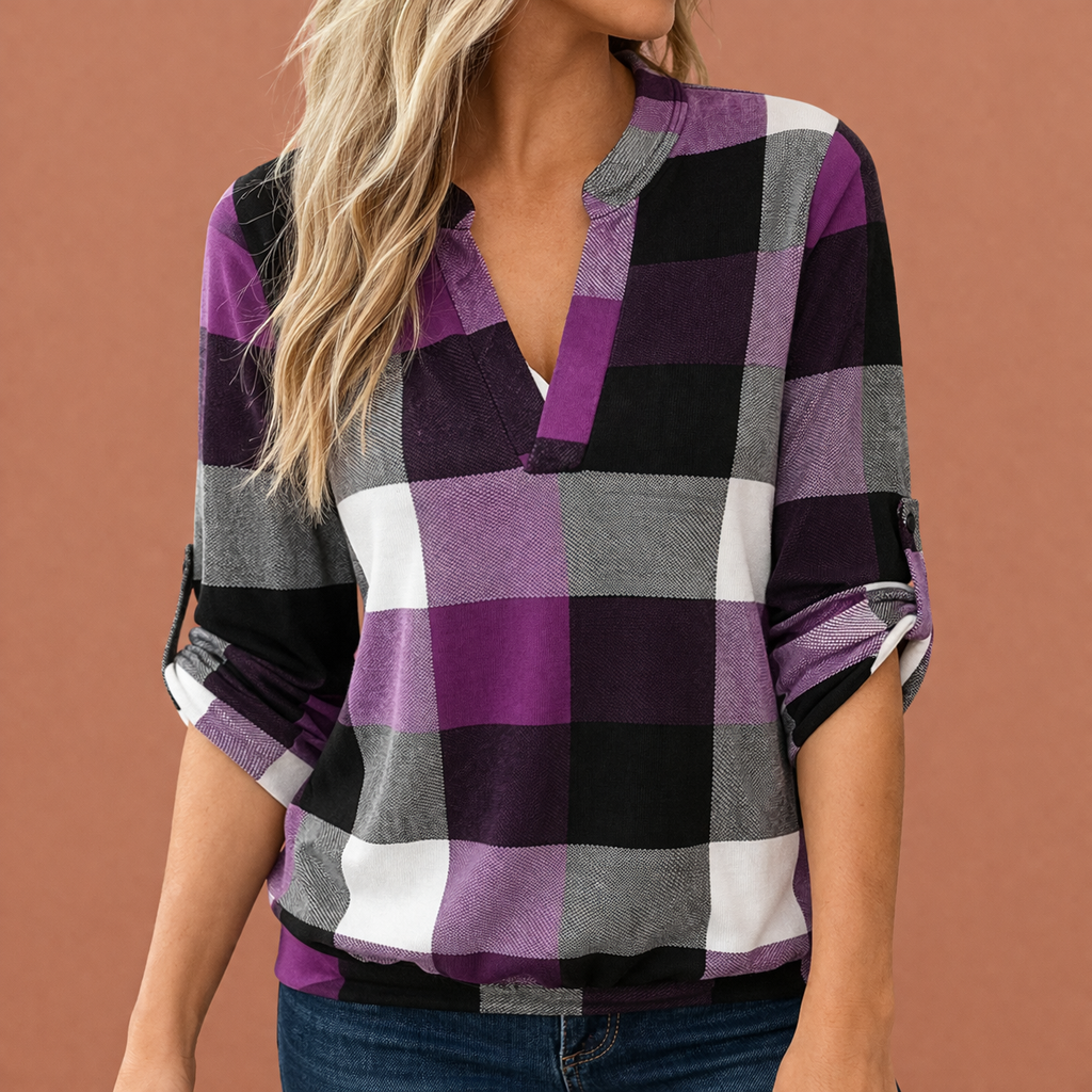 Dames blouse in paars met minimalistisch design, zacht en comfortabel voor casual en stijlvolle outfits.