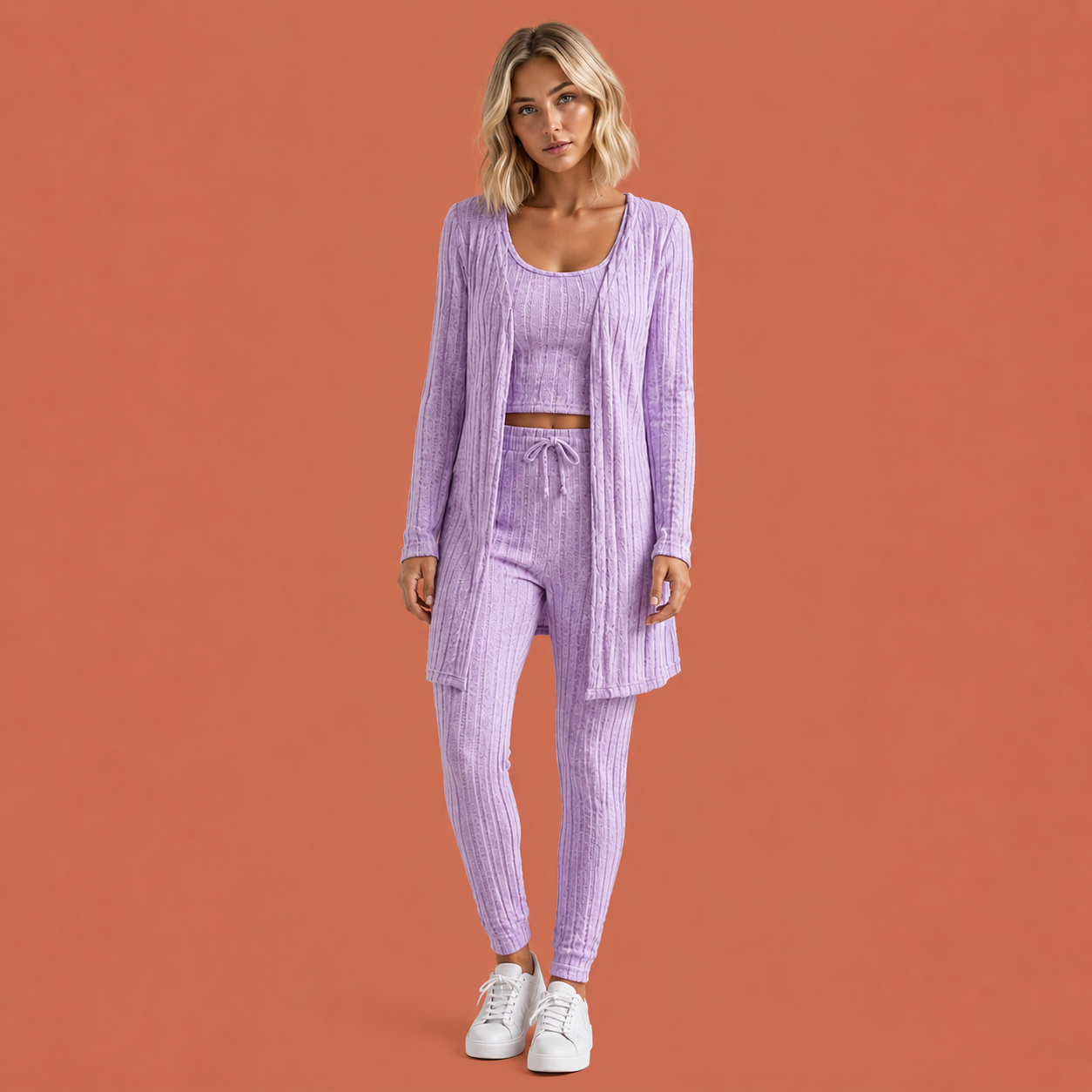 Dames loungeset in paars met minimalistisch design, zacht en comfortabel voor casual en stijlvolle outfits