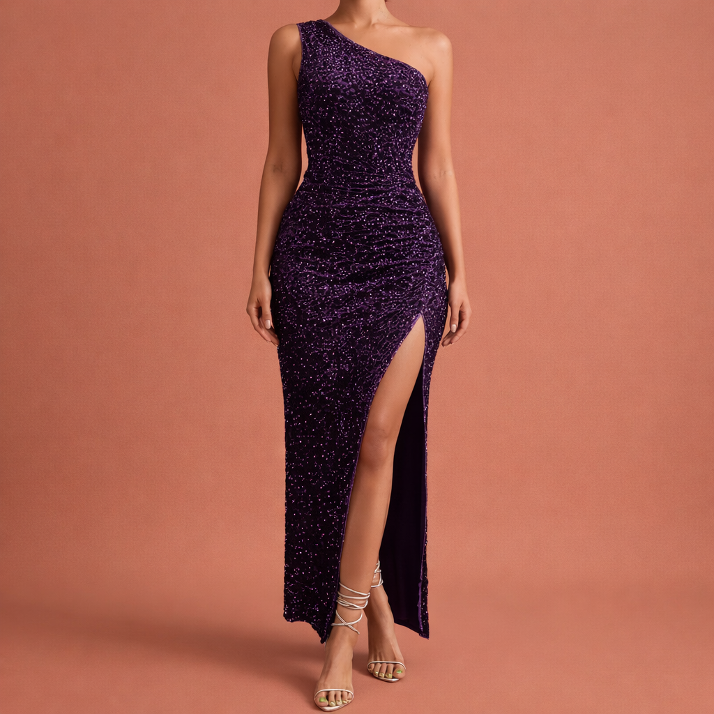 Dames maxi bodycon jurk in paars met minimalistisch design, zacht en comfortabel voor casual en stijlvolle outfits.