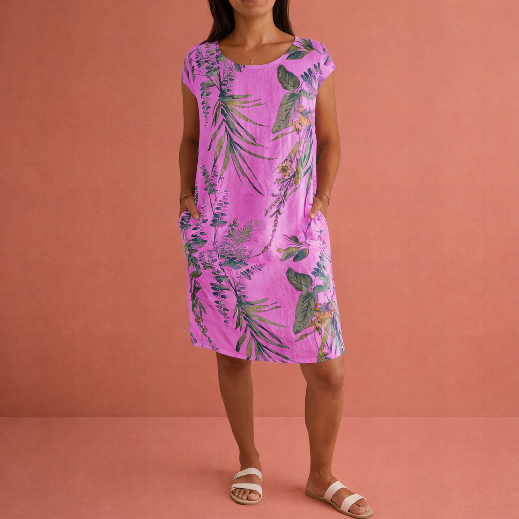 Dames midi-jurk in paars met minimalistisch design, zacht en comfortabel voor casual en stijlvolle outfits.