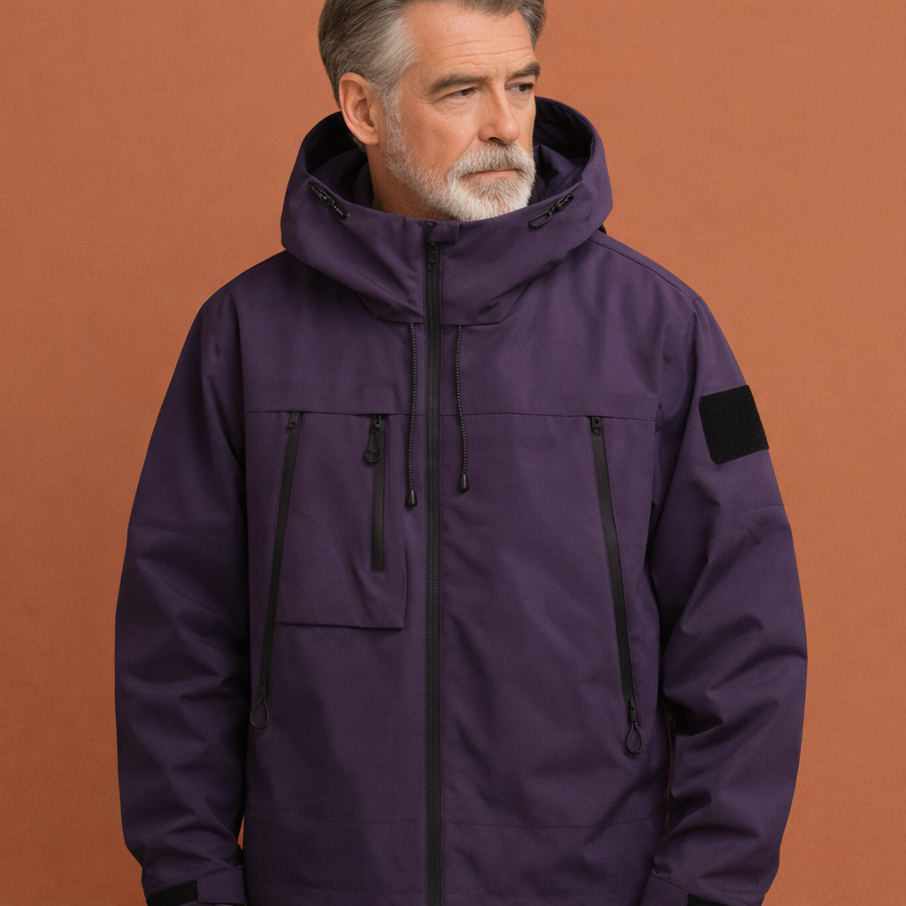 Paarse herenjas met capuchon en meerdere zakken, geschikt voor dagelijks gebruik en frisse herfst- en winterdagen.
