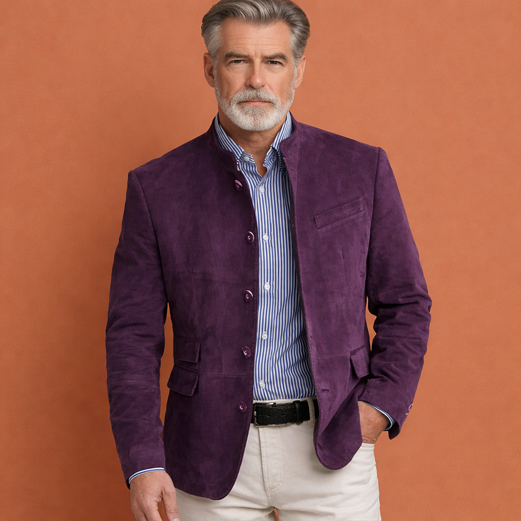 Paarse klassieke herenjas met opstaande kraag, geschikt voor dagelijks gebruik en nette outfits.