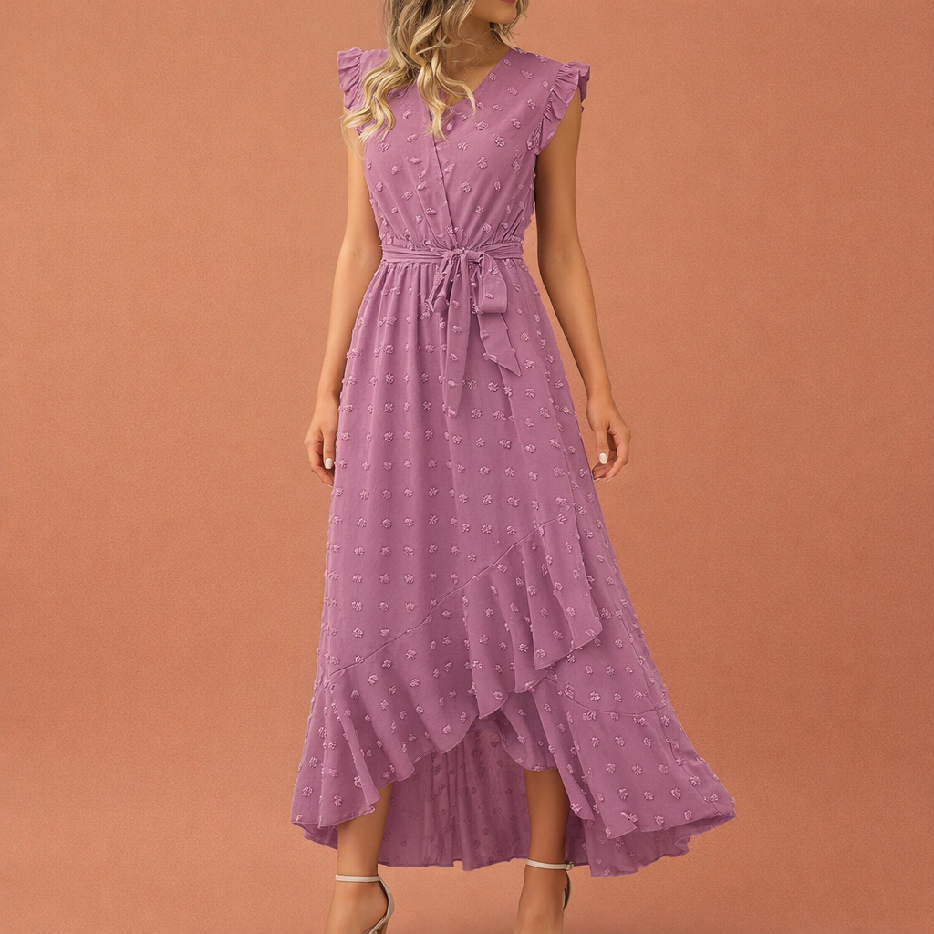 Dames maxi jurk in paars met minimalistisch design, zacht en comfortabel voor casual en stijlvolle outfits.