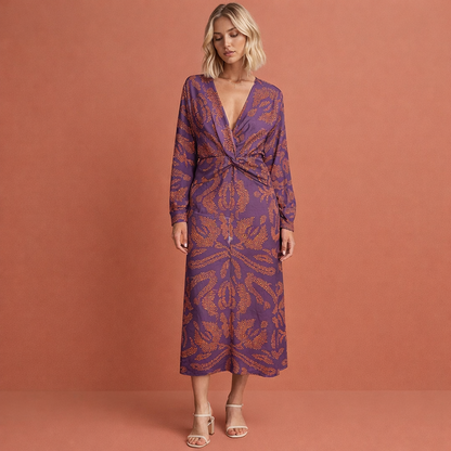 Paarse midi-jurk voor dames met twist-detail en bloemmotief, ideaal voor feestelijke en stijlvolle gelegenheden.