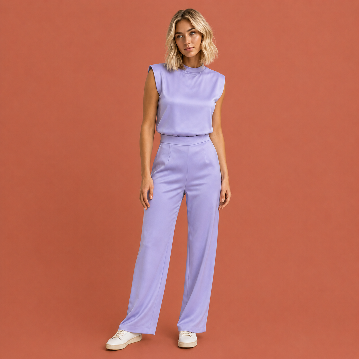 Dames jumpsuit in paars met minimalistisch design, zacht en comfortabel voor casual en stijlvolle outfits.
