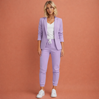 Paarse tweedelige blazer set voor dames met een elegante pasvorm, ideaal voor werk en formele gelegenheden.