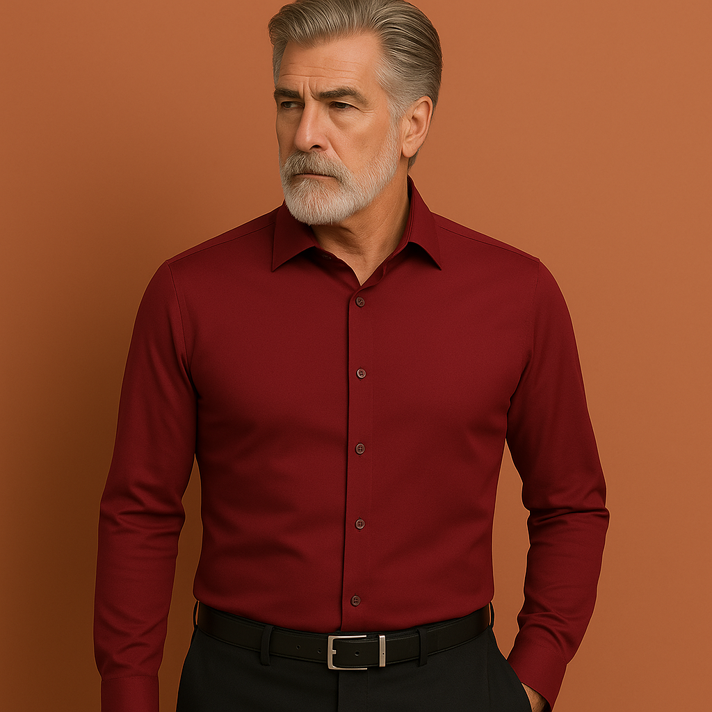 Purperrood slim fit heren overhemd met knoopsluiting, geschikt voor zakelijke en casual outfits.