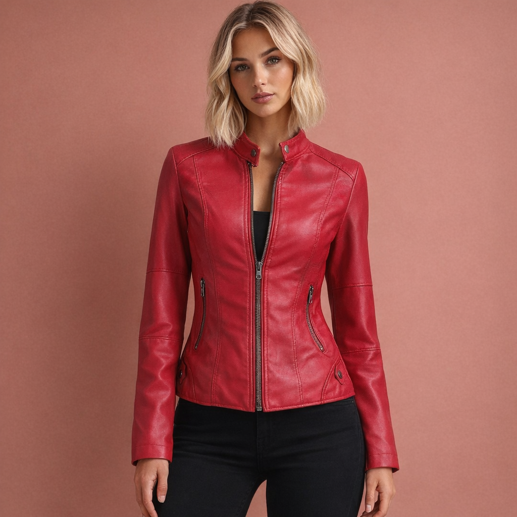 Rode aansluitende bikerjas voor dames met ritssluiting en getailleerde pasvorm, geschikt voor dagelijks gebruik.