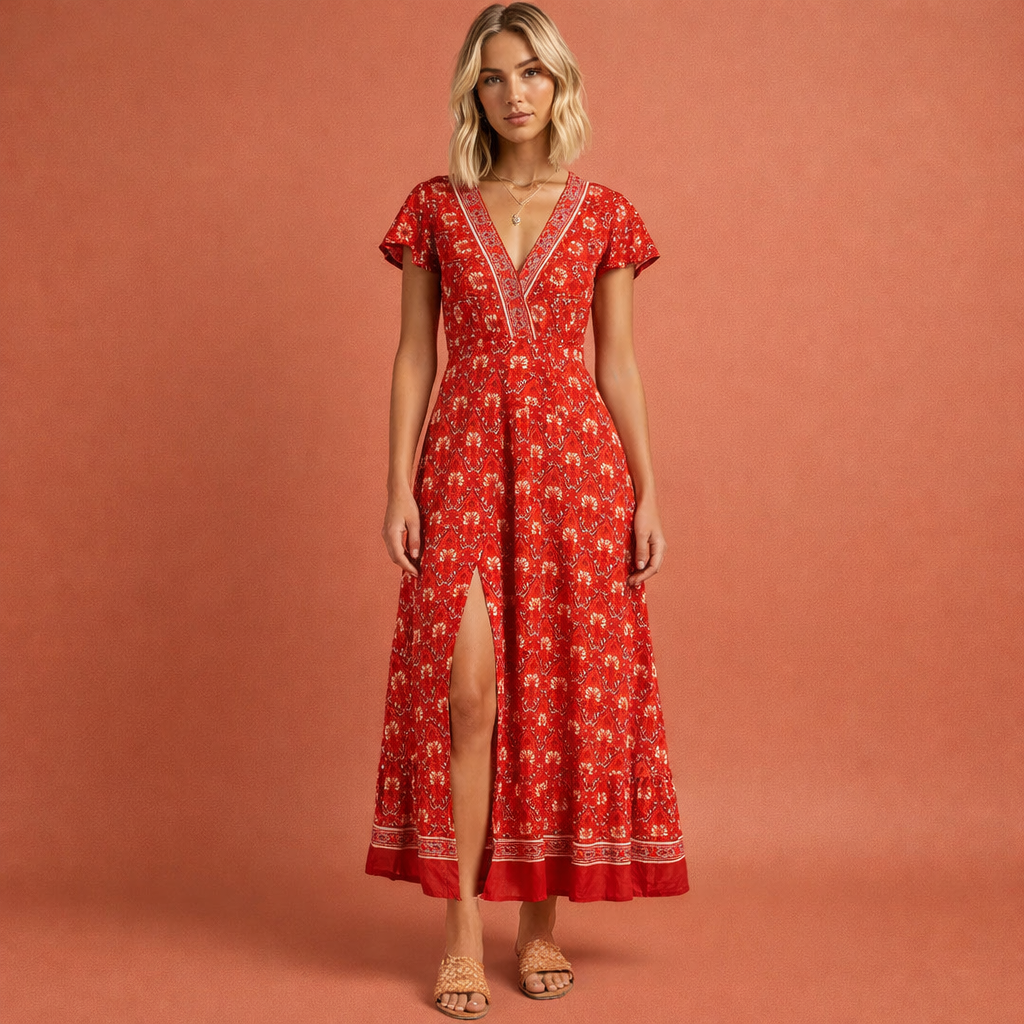 Rode boho maxi-jurk voor dames met wikkeloptiek en split, ideaal voor zomerse dagen, vakanties en een vrouwelijke uitstraling.