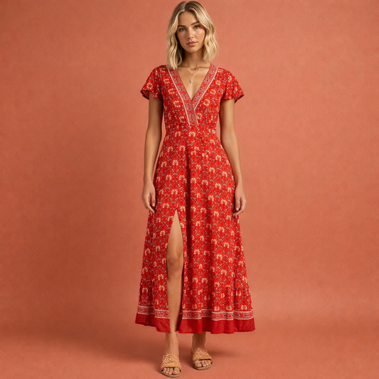 Rode boho maxi-jurk voor dames met wikkeloptiek en split, ideaal voor zomerse dagen, vakanties en een vrouwelijke uitstraling.