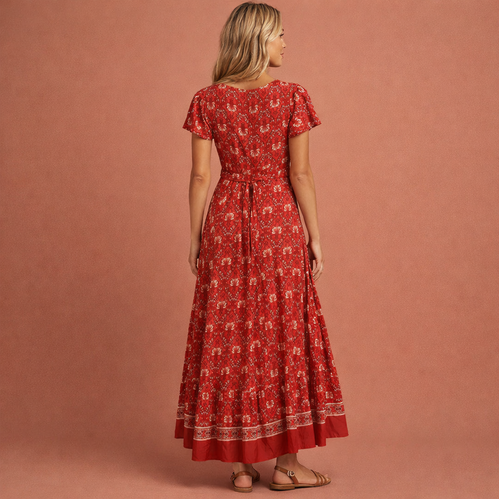 Rode boho maxi-jurk voor dames met wikkeloptiek en split, ideaal voor zomerse dagen, vakanties en een vrouwelijke uitstraling.1