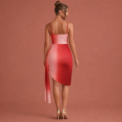 Rode corsage jurk voor dames met meshdetails en een asymmetrische drapé rok, perfect voor feestelijke en elegante gelegenheden.1