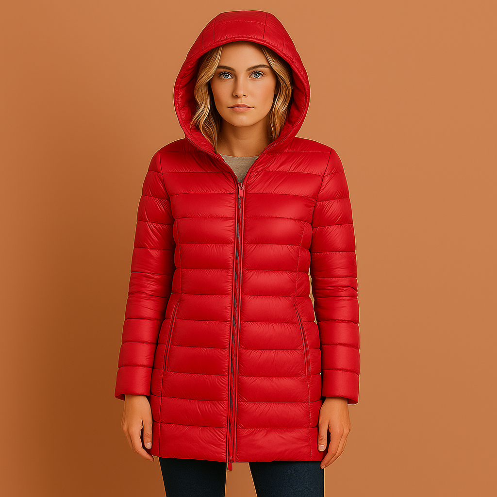 Dames gewatteerde jas in rood met afneembare capuchon, elegant en warm voor casual outfits.
