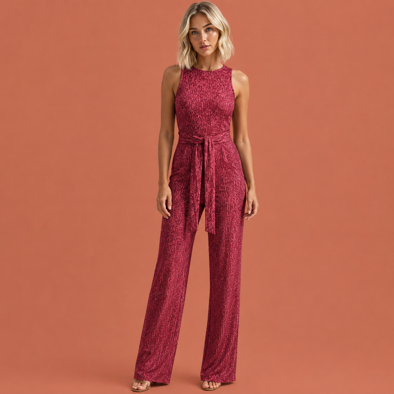 Dames glitter jumpsuit in rood met elegant design, flatterend en comfortabel voor feestelijke en stijlvolle outfits.