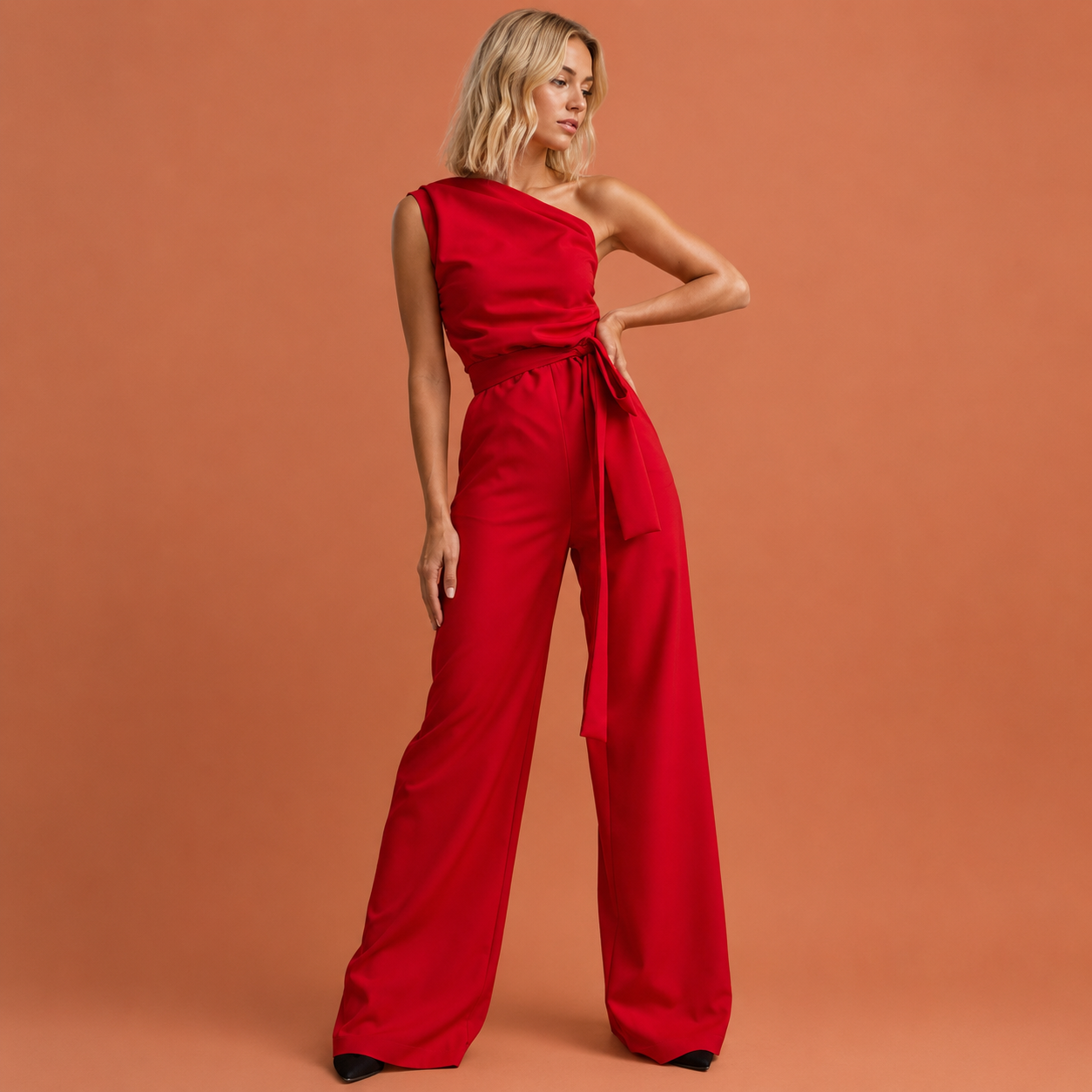 Dames jumpsuit in rood met minimalistisch design, zacht en comfortabel voor casual en stijlvolle outfits.