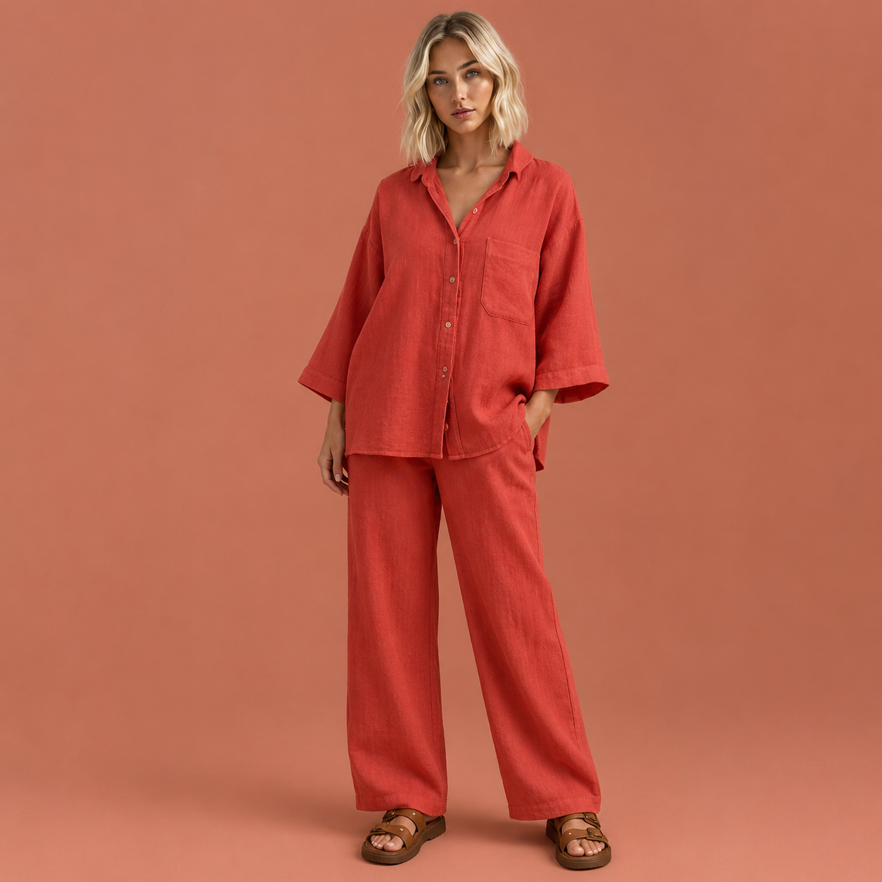 Dames linnen zomer set in rood met minimalistisch design, zacht en comfortabel voor casual en stijlvolle outfits.