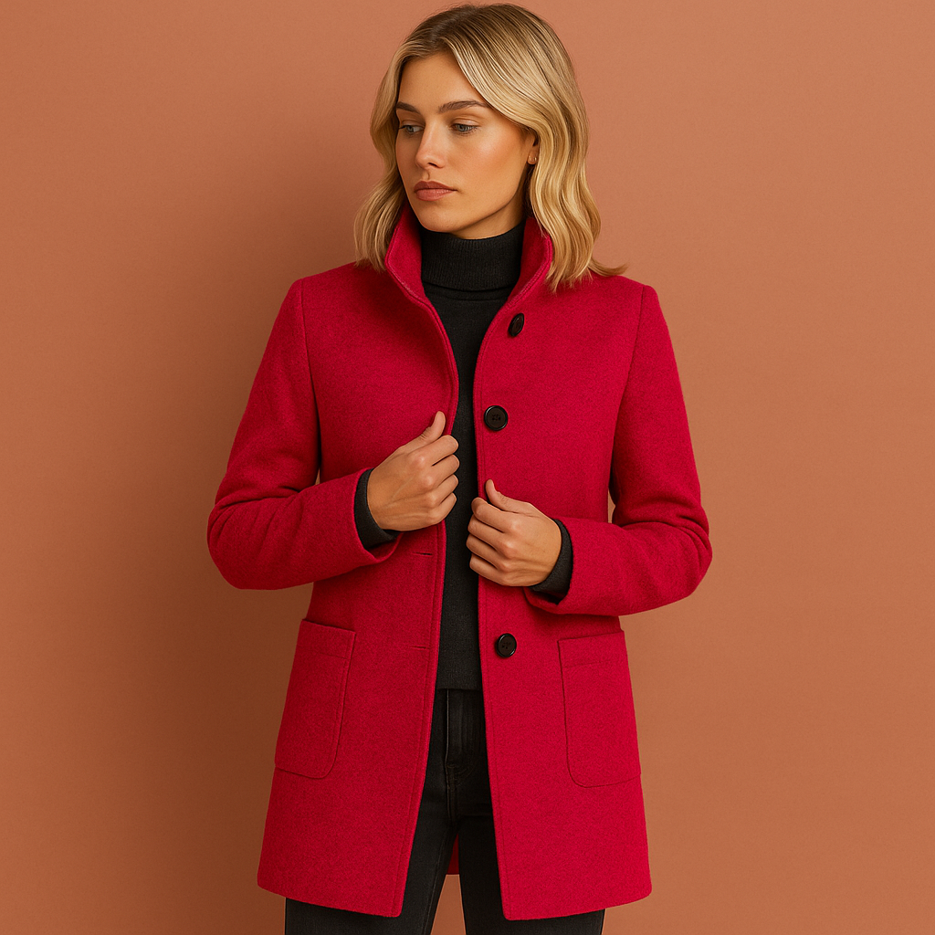 Dames manteljas in rood met knoopsluiting en rechte pasvorm, warm en stijlvol voor herfst en winter.