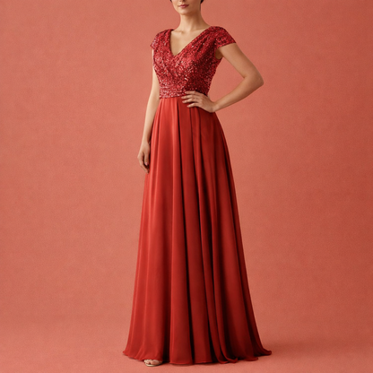 Dames maxi avondjurk met V-hals en pailletten | Celestine Nirandi