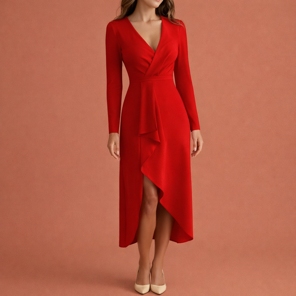 Dames maxi jurk in rood met minimalistisch design, zacht en comfortabel voor casual en stijlvolle outfits.