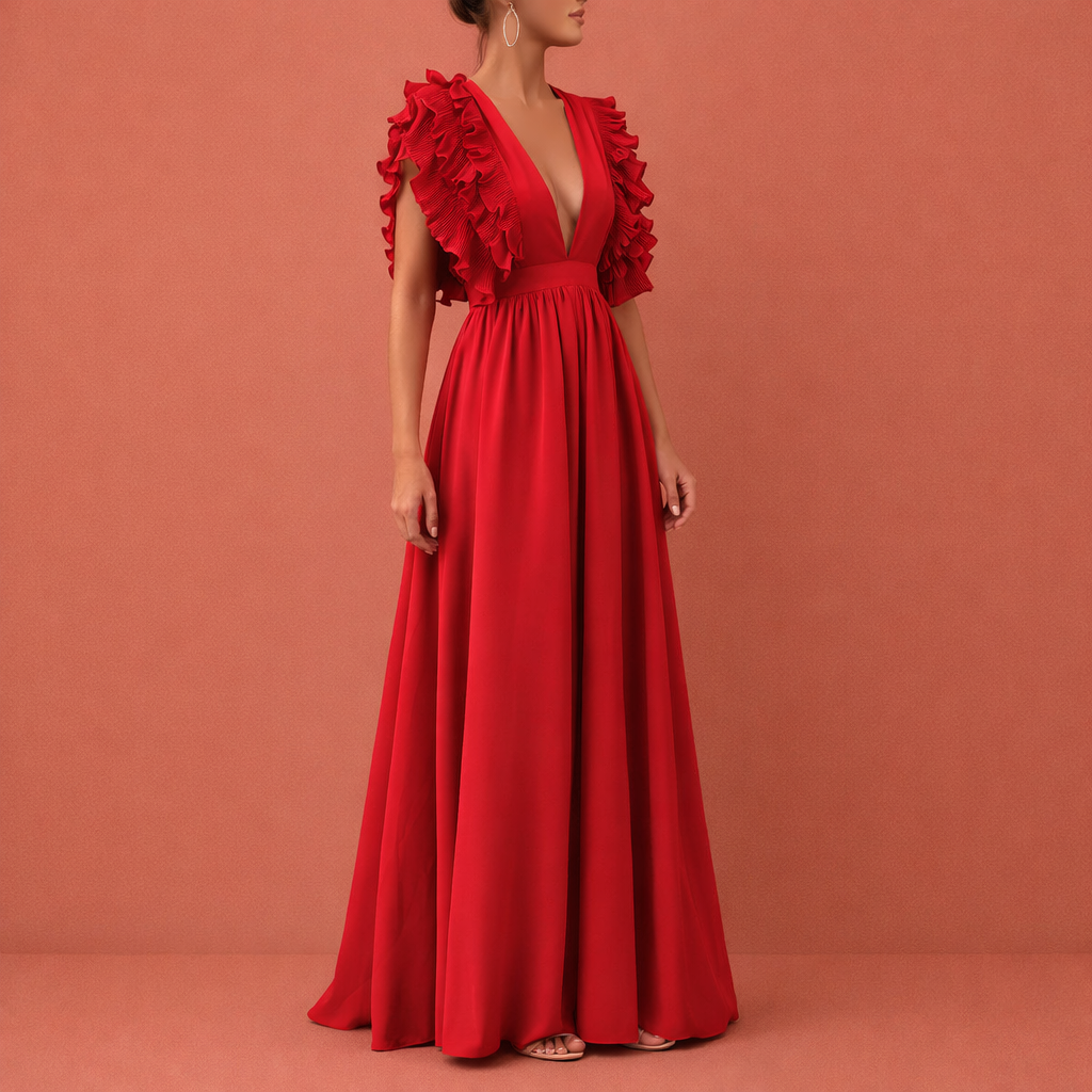Dames maxi jurk in rood met minimalistisch design, zacht en comfortabel voor casual en stijlvolle outfits.