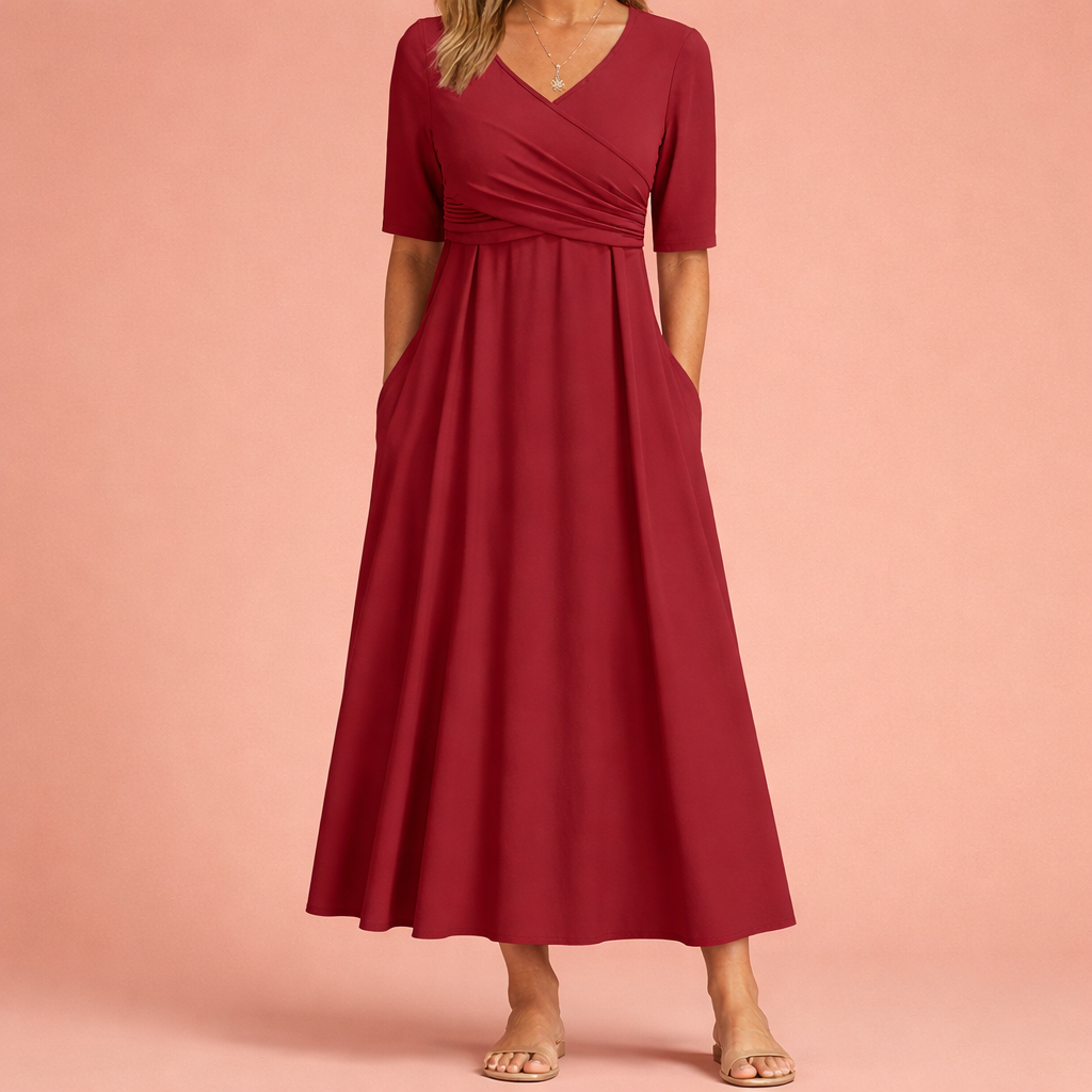 Dames maxi jurk in rood met minimalistisch design, zacht en comfortabel voor casual en stijlvolle outfits.