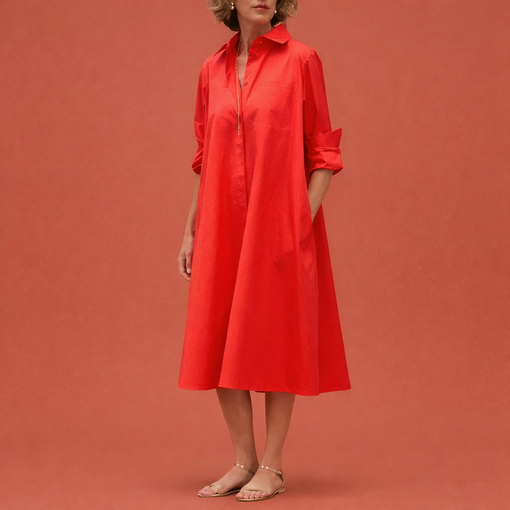 Dames midi blousejurk in rood met minimalistisch design, zacht en comfortabel voor casual en stijlvolle outfits.