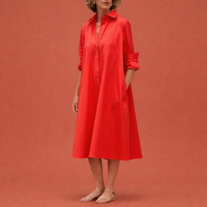 Dames midi blousejurk in rood met minimalistisch design, zacht en comfortabel voor casual en stijlvolle outfits.