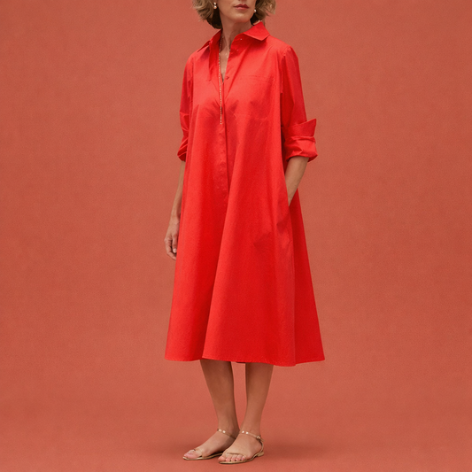 Dames midi blousejurk in rood met minimalistisch design, zacht en comfortabel voor casual en stijlvolle outfits.