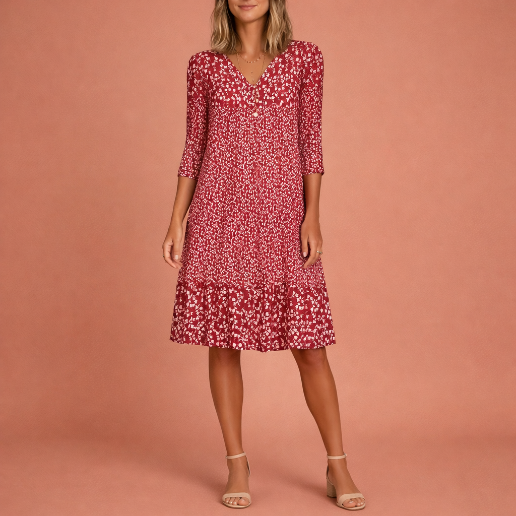 Dames midi jurk in rood met minimalistisch design, zacht en comfortabel voor casual en stijlvolle outfits.