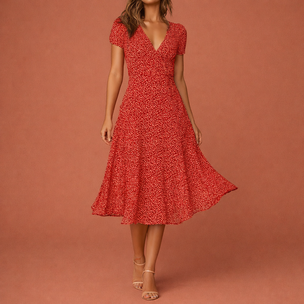 Dames midi jurk in rood met minimalistisch design, zacht en comfortabel voor casual en stijlvolle outfits.