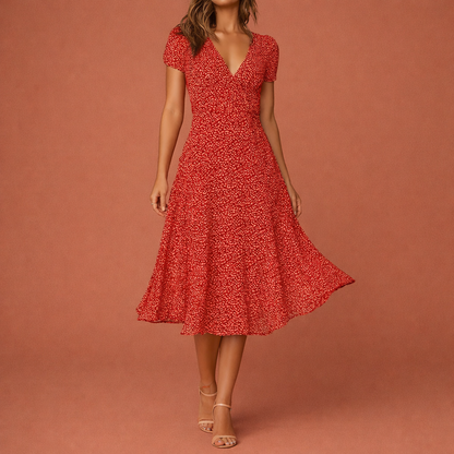 Dames midi jurk in rood met minimalistisch design, zacht en comfortabel voor casual en stijlvolle outfits.