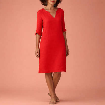 Dames midi zomerjurk in rood met minimalistisch design, zacht en comfortabel voor casual en stijlvolle outfits.