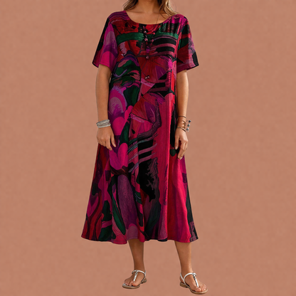 Dames midi zomerjurk in rood met minimalistisch design, zacht en comfortabel voor casual en stijlvolle outfits.