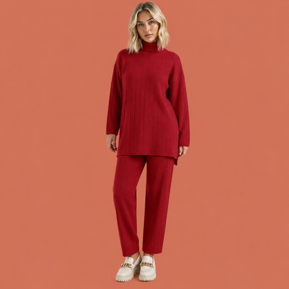 Dames set in rood met minimalistisch design, zacht en comfortabel voor casual en stijlvolle outfits.
